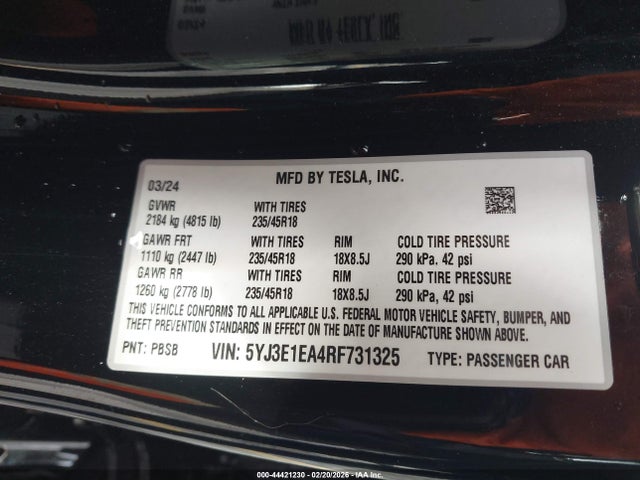 Продаж на аукціоні авто 2024 Tesla Model 3 Long Range Dual Motor All-wheel Drive/rear-wheel Drive, vin: 5YJ3E1EA4RF731325, номер лоту: 44421230