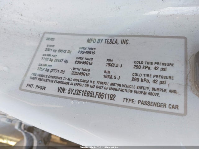 Aukcja sprzedaży 2020 Tesla Model 3 Long Range Dual Motor All-wheel Drive, vin: 5YJ3E1EB5LF651192, numer aukcji: 44421246