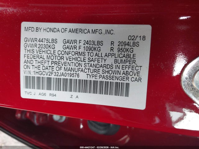 44421247 :رقم المزاد ، 1HGCV2F32JA019576 vin ، 2018 Honda Accord Sport 2.0t مزاد بيع