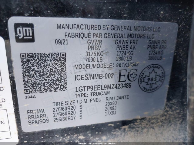Auction sale of the 2021 Gmc Sierra 1500 At4, vin: 1GTP9EEL9MZ423486, lot number: 44421272