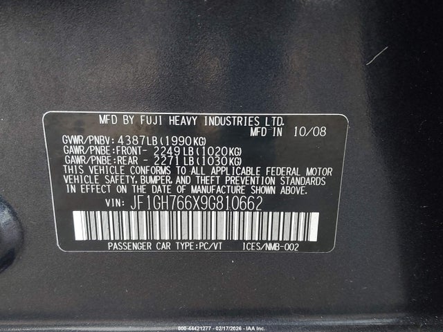 44421277 :رقم المزاد ، JF1GH766X9G810662 vin ، 2009 Subaru Impreza Wrx مزاد بيع