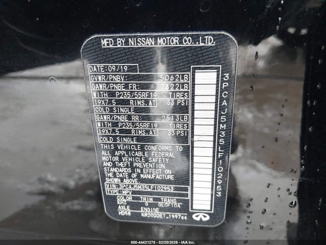 Aukcja sprzedaży 2020 Infiniti Qx50 Luxe Awd, vin: 3PCAJ5M35LF102953, numer aukcji: 44421278