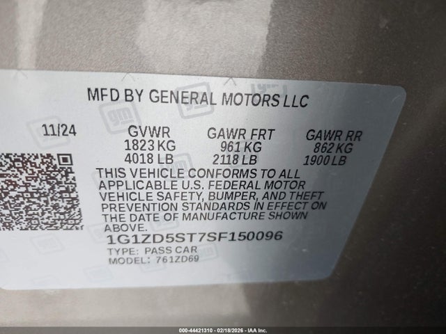 1G1ZD5ST7SF150096 Chevrolet Malibu Fwd 1lt