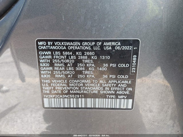 Aukcja sprzedaży 2022 Volkswagen Atlas 2.0t Se W/technology, vin: 1V2KP2CA3NC552911, numer aukcji: 44421311