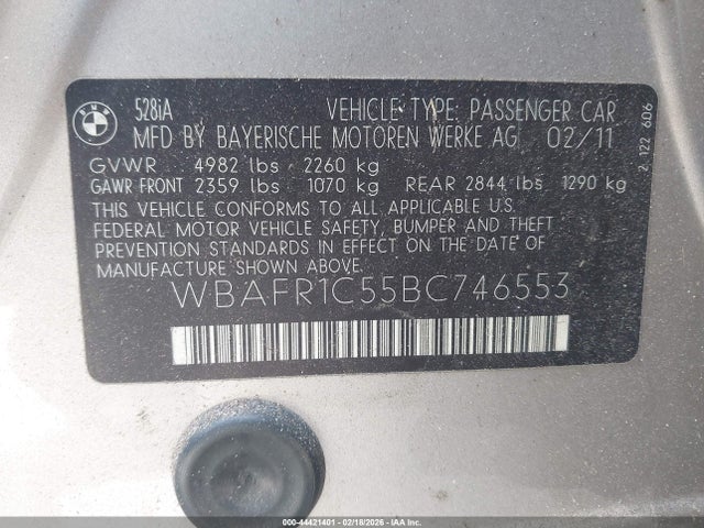 Продаж на аукціоні авто 2011 Bmw 528i, vin: WBAFR1C55BC746553, номер лоту: 44421401