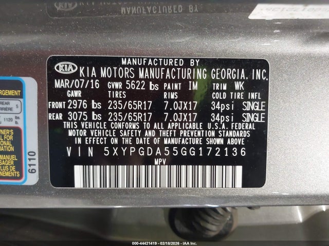5XYPGDA55GG172136 KIA Sorento 3.3l Lx