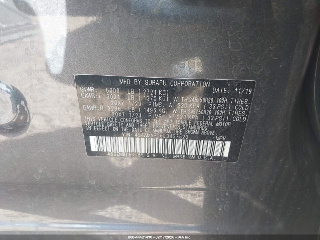 44421430 :رقم المزاد ، 4S4WMARD0L3437523 vin ، 2020 Subaru Ascent Touring مزاد بيع
