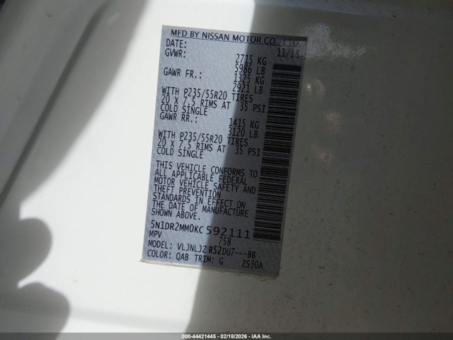 Продаж на аукціоні авто 2019 Nissan Pathfinder Platinum, vin: 5N1DR2MM0KC592111, номер лоту: 44421445