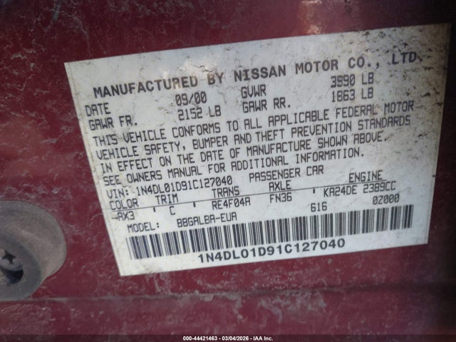 2001 NISSAN ALTIMA 1N4DL01D91C127040 Photo 8
