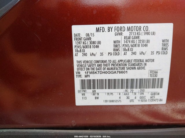 1FM5K7DH0GGA76601 Ford EXPLORER XLT