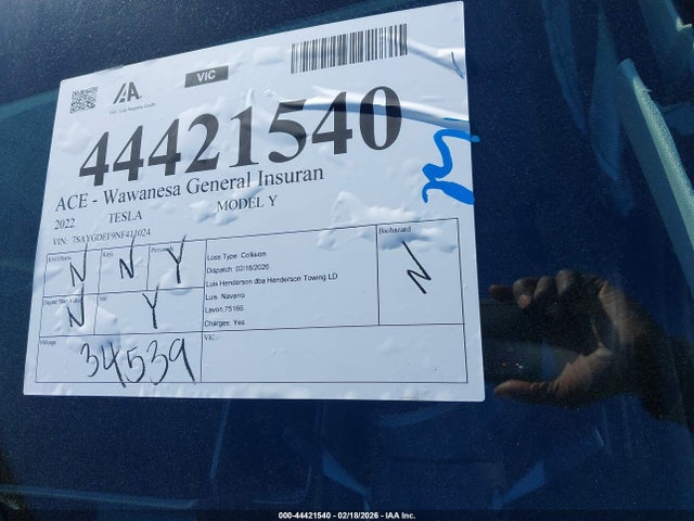 Продаж на аукціоні авто 2022 Tesla Model Y Performance Dual Motor All-wheel Drive, vin: 7SAYGDEF9NF411024, номер лоту: 44421540
