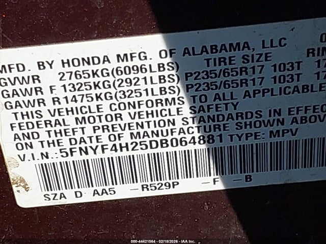 Продаж на аукціоні авто 2013 Honda Pilot Lx, vin: 5FNYF4H25DB064881, номер лоту: 44421564