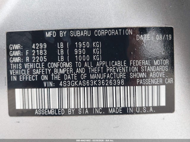 Продаж на аукціоні авто 2019 Subaru Impreza 2.0i Limited, vin: 4S3GKAS63K3626398, номер лоту: 44421602