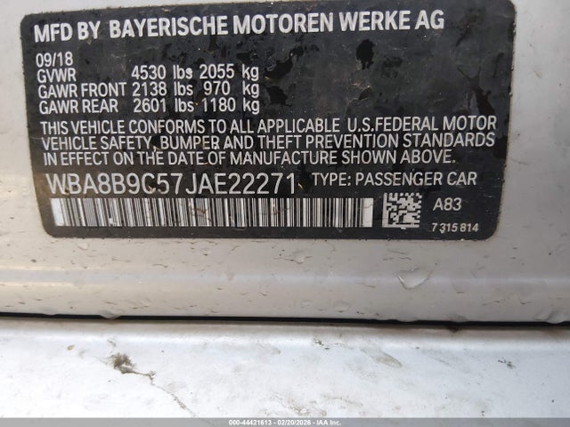 2018 Bmw 330i მანქანა იყიდება აუქციონზე, vin: WBA8B9C57JAE22271, აუქციონის ნომერი: 44421613