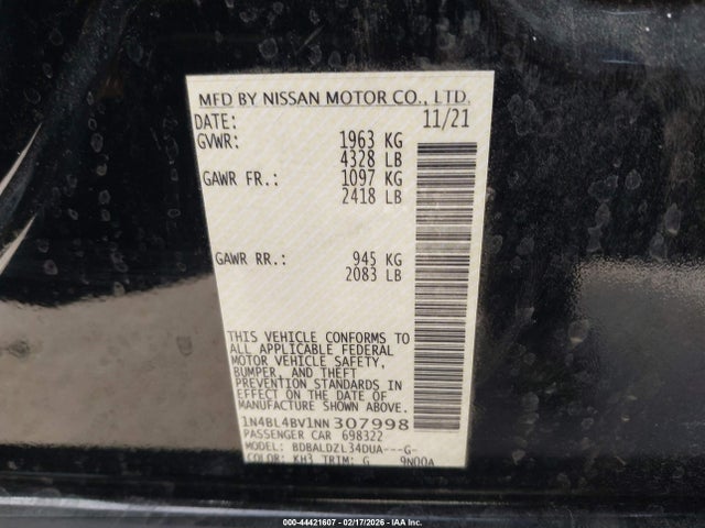 44421607 :رقم المزاد ، 1N4BL4BV1NN307998 vin ، 2022 Nissan Altima S Fwd مزاد بيع