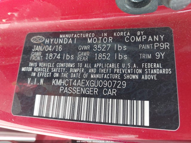 2016 Hyundai Accent Se მანქანა იყიდება აუქციონზე, vin: KMHCT4AEXGU090729, აუქციონის ნომერი: 44421639