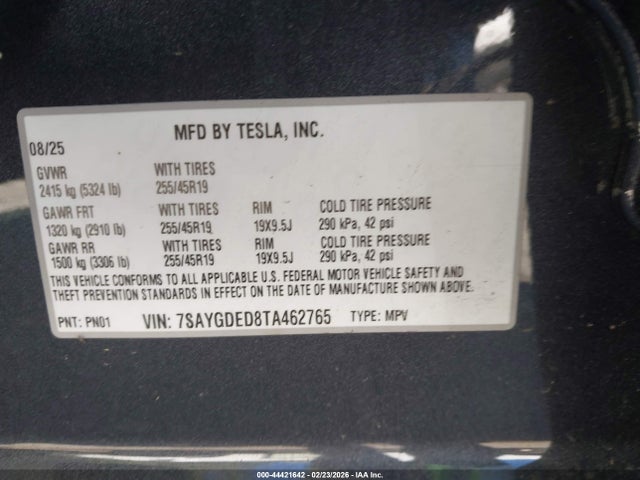 7SAYGDED8TA462765 Tesla Model Y Premium Rear-wheel Drive/standard Rear-wheel Drive