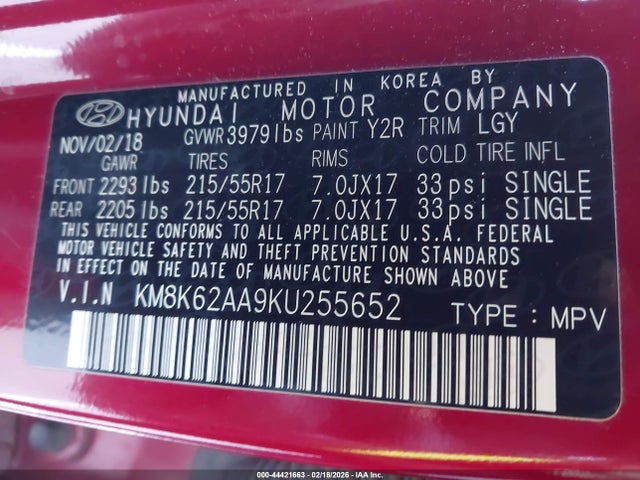 KM8K62AA9KU255652 Hyundai Kona Sel