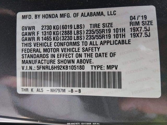 5FNRL6H92KB105180 Honda Odyssey Elite