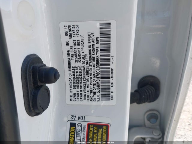 44421712 :رقم المزاد ، 5J6RM3H76CL035668 vin ، 2012 Honda Cr-v Ex-l مزاد بيع