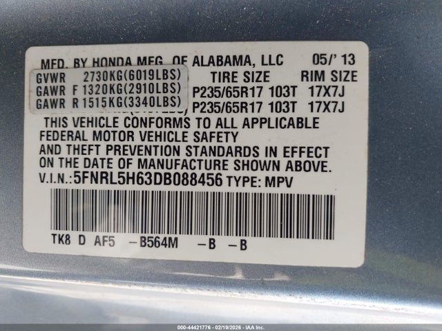 Продаж на аукціоні авто 2013 Honda Odyssey Ex-l, vin: 5FNRL5H63DB088456, номер лоту: 44421776