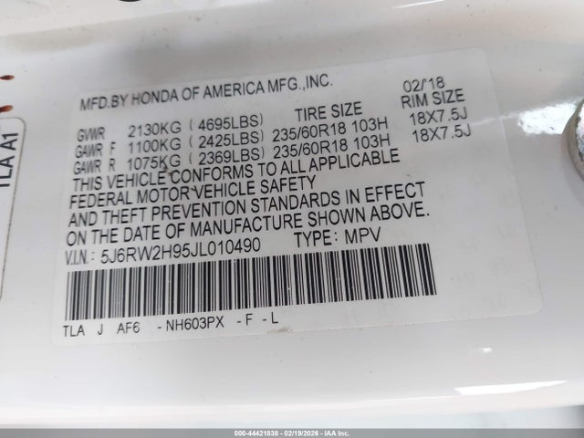5J6RW2H95JL010490 Honda Cr-v Touring