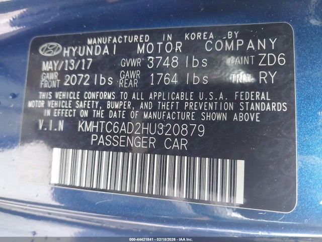 44421841 :رقم المزاد ، KMHTC6AD2HU320879 vin ، 2017 Hyundai Veloster Value Edition مزاد بيع