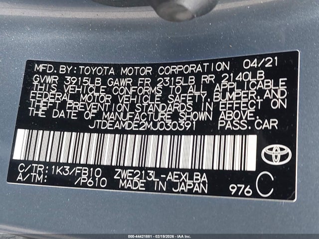 Toyota Corolla Hybrid Le 2021 JTDEAMDE2MJ030391 Image 9