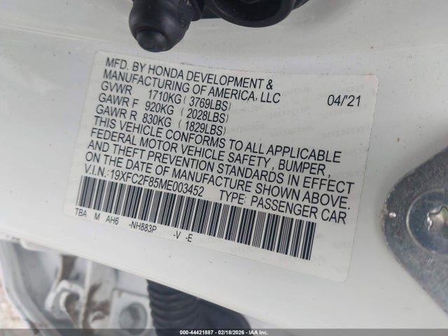44421887 :رقم المزاد ، 19XFC2F85ME003452 vin ، 2021 Honda Civic Sport مزاد بيع