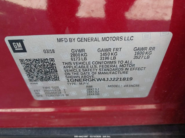 44421897 :رقم المزاد ، 1GNERGKW4JJ221819 vin ، 2018 Chevrolet Traverse Lt مزاد بيع