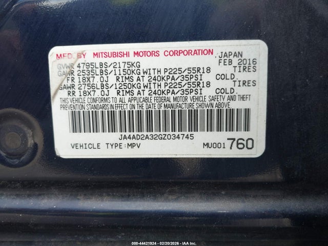 2016 MITSUBISHI OUTLANDER JA4AD2A32GZ034745 Photo 8