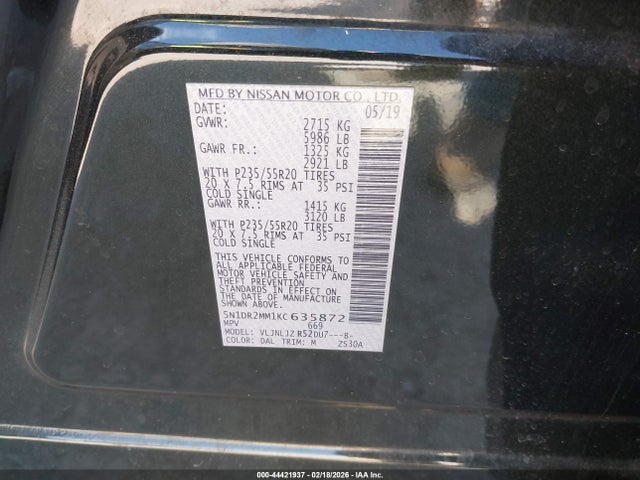 Aukcja sprzedaży 2019 Nissan Pathfinder Platinum, vin: 5N1DR2MM1KC635872, numer aukcji: 44421937