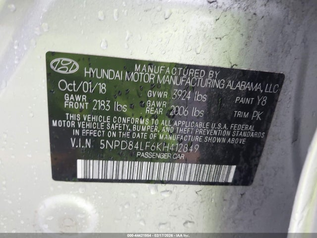 5NPD84LF6KH412849 Hyundai ELANTRA SEL