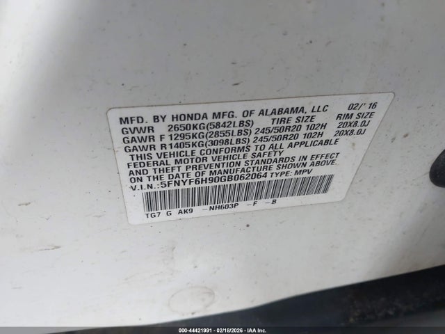 5FNYF6H90GB062064 Honda Pilot Touring