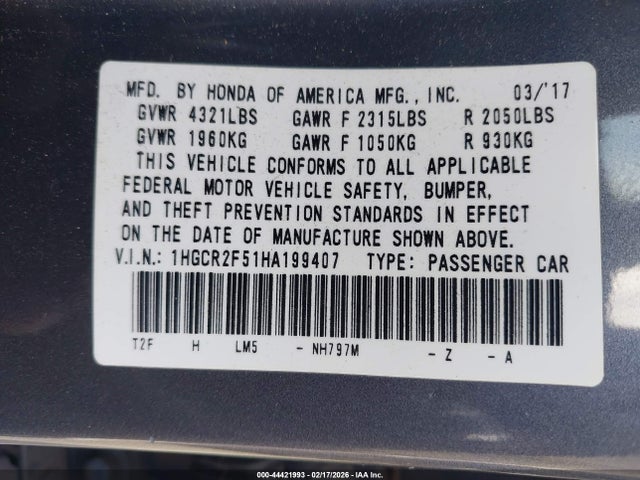 1HGCR2F51HA199407 Honda Accord Sport