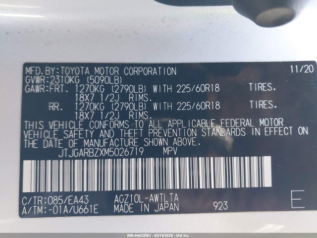 44422061 :رقم المزاد ، JTJGARBZXM5026719 vin ، 2021 Lexus Nx 300 مزاد بيع