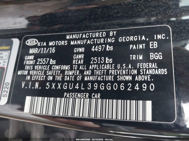 5XXGU4L39GG062490 KIA OPTIMA EX