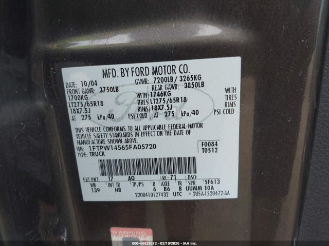 Продажа на аукционе авто 2005 Ford F-150 Fx4/lariat/xlt, vin: 1FTPW14565FA05720, номер лота: 44422072