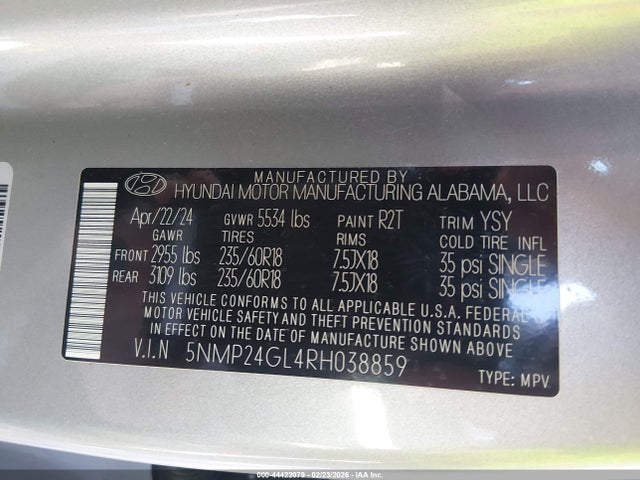 Aukcja sprzedaży 2024 Hyundai Santa Fe Sel, vin: 5NMP24GL4RH038859, numer aukcji: 44422079