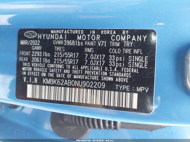 44422100 :رقم المزاد ، KM8K62AB0NU902209 vin ، 2022 Hyundai Kona Sel مزاد بيع