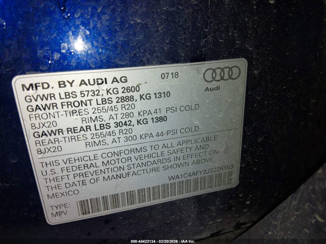 2018 Audi Sq5 3.0t Premium Plus მანქანა იყიდება აუქციონზე, vin: WA1C4AFY2J2225153, აუქციონის ნომერი: 44422134