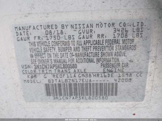 3N1CN7AP5KL800580 Nissan Versa 1.6 Sv