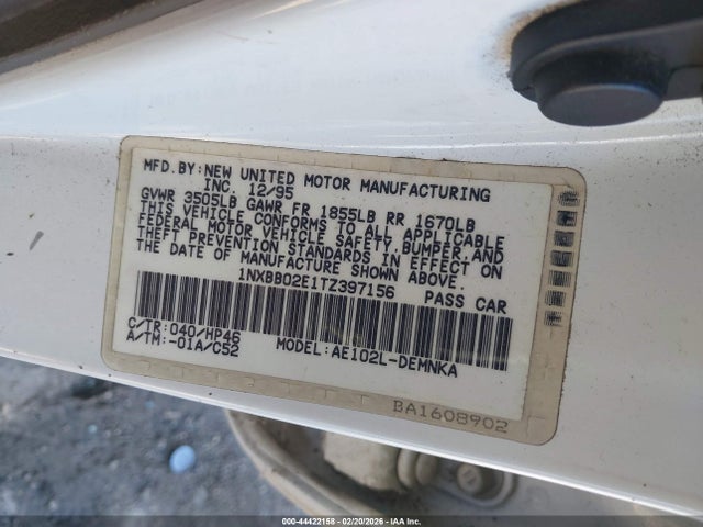 44422158 :رقم المزاد ، 1NXBB02E1TZ397156 vin ، 1996 Toyota Corolla Dx مزاد بيع