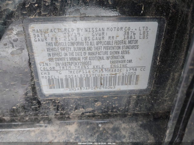 44422206 :رقم المزاد ، 3N1AB7AP0KY298063 vin ، 2019 Nissan Sentra S مزاد بيع