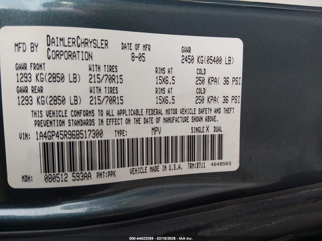 2006 Chrysler Town & Country მანქანა იყიდება აუქციონზე, vin: 1A4GP45R96B517300, აუქციონის ნომერი: 44422269