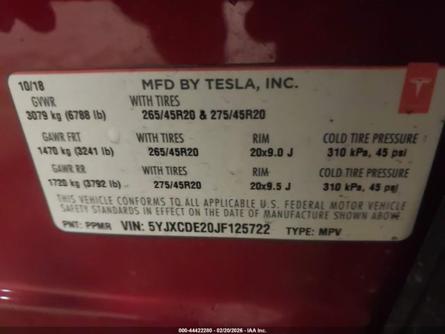 Продажа на аукционе авто 2018 Tesla Model X 100d/75d/p100d, vin: 5YJXCDE20JF125722, номер лота: 44422280