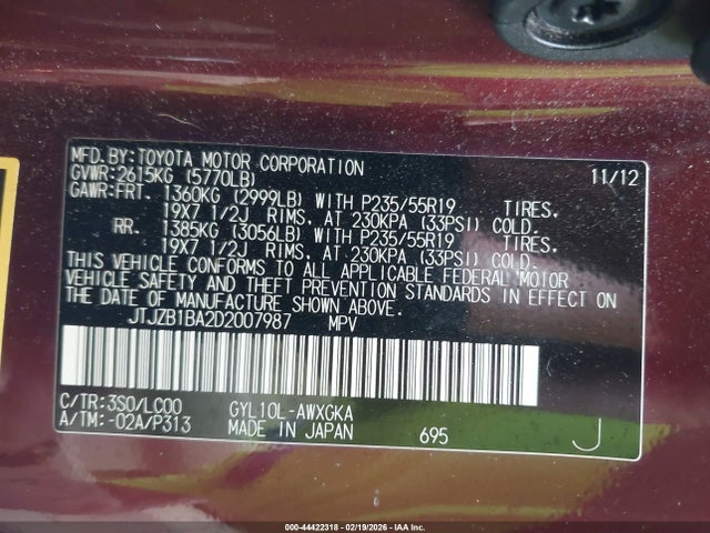 Aukcja sprzedaży 2013 Lexus Rx 450h, vin: JTJZB1BA2D2007987, numer aukcji: 44422318