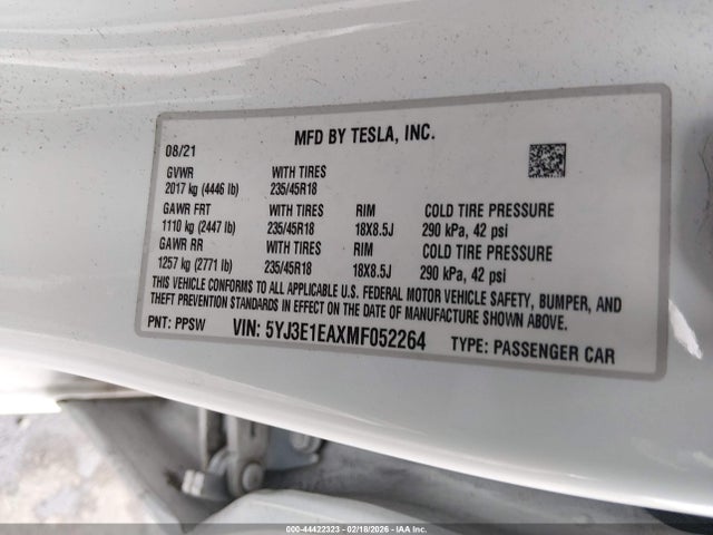 Продаж на аукціоні авто 2021 Tesla Model 3 Standard Range Plus Rear-wheel Drive, vin: 5YJ3E1EAXMF052264, номер лоту: 44422323
