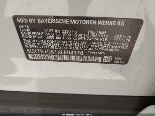 44422332 :رقم المزاد ، 5UXTR7C51KLE94178 vin ، 2019 Bmw X3 Sdrive30i مزاد بيع