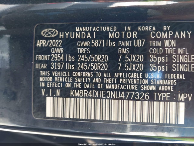 Продаж на аукціоні авто 2022 Hyundai Palisade Sel, vin: KM8R4DHE3NU477326, номер лоту: 44422382